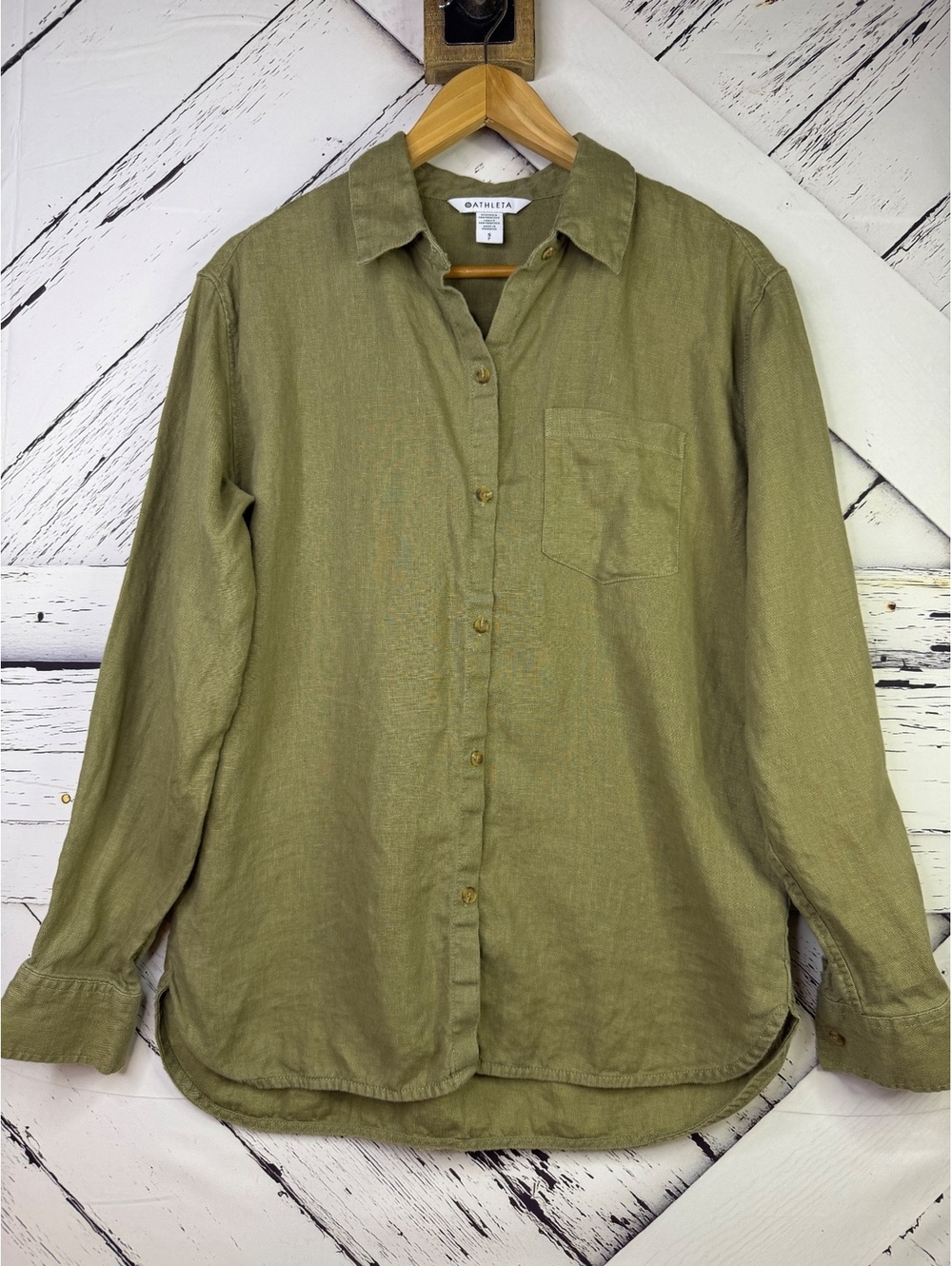 Athleta Utility Olive Green Linen Button Up Oversized Top Blouse Women Small